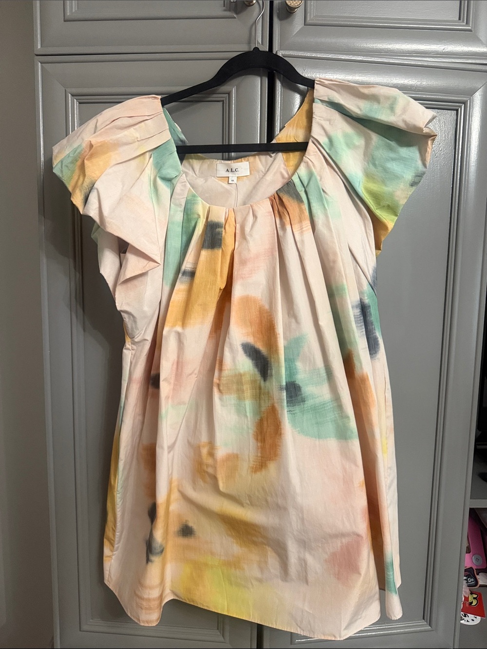 A.L.C. Cap-Sleeve Watercolor Pleated Top - Pastel Multicolor